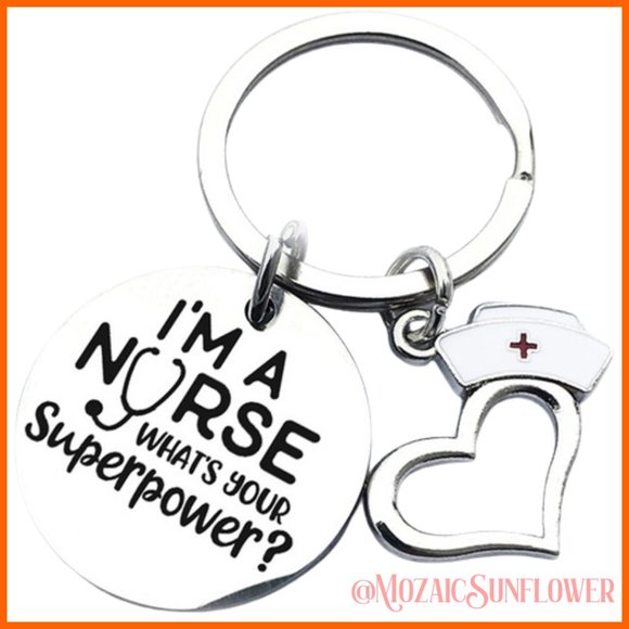 I'm A Nurse What's Your Superpower Engraved Silver Keychain with Charms Attached - Picture 2 of 3